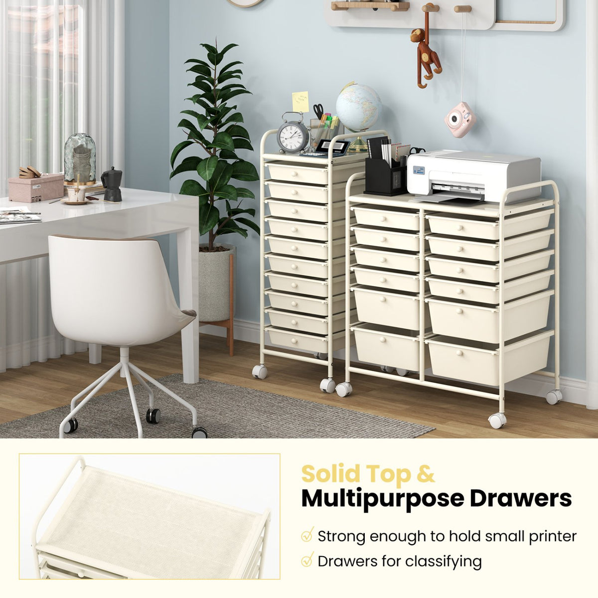 12-Drawer Rolling Storage Cart with Removable Drawers and Lockable Wheels-Beige view 7