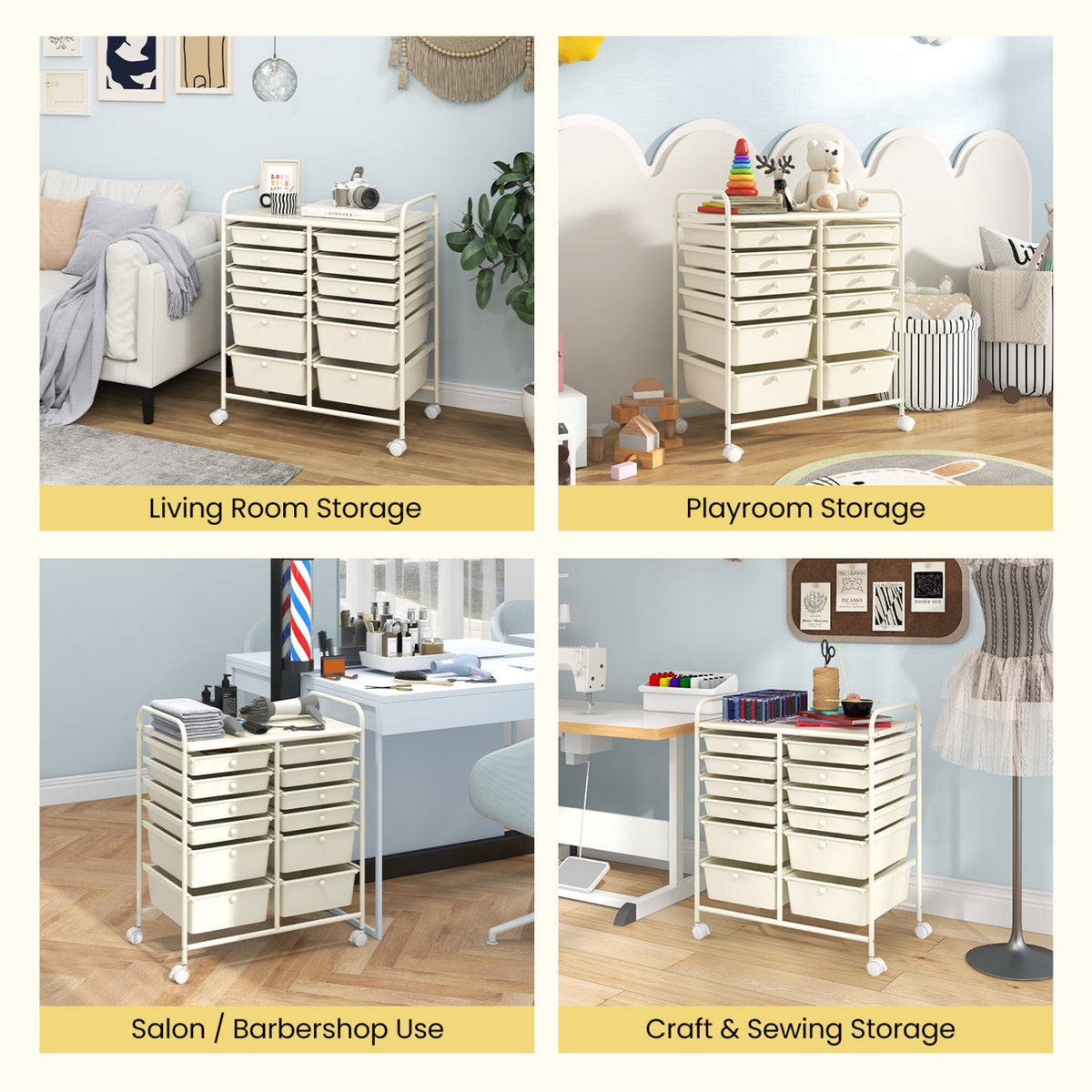12-Drawer Rolling Storage Cart with Removable Drawers and Lockable Wheels-Beige view 8