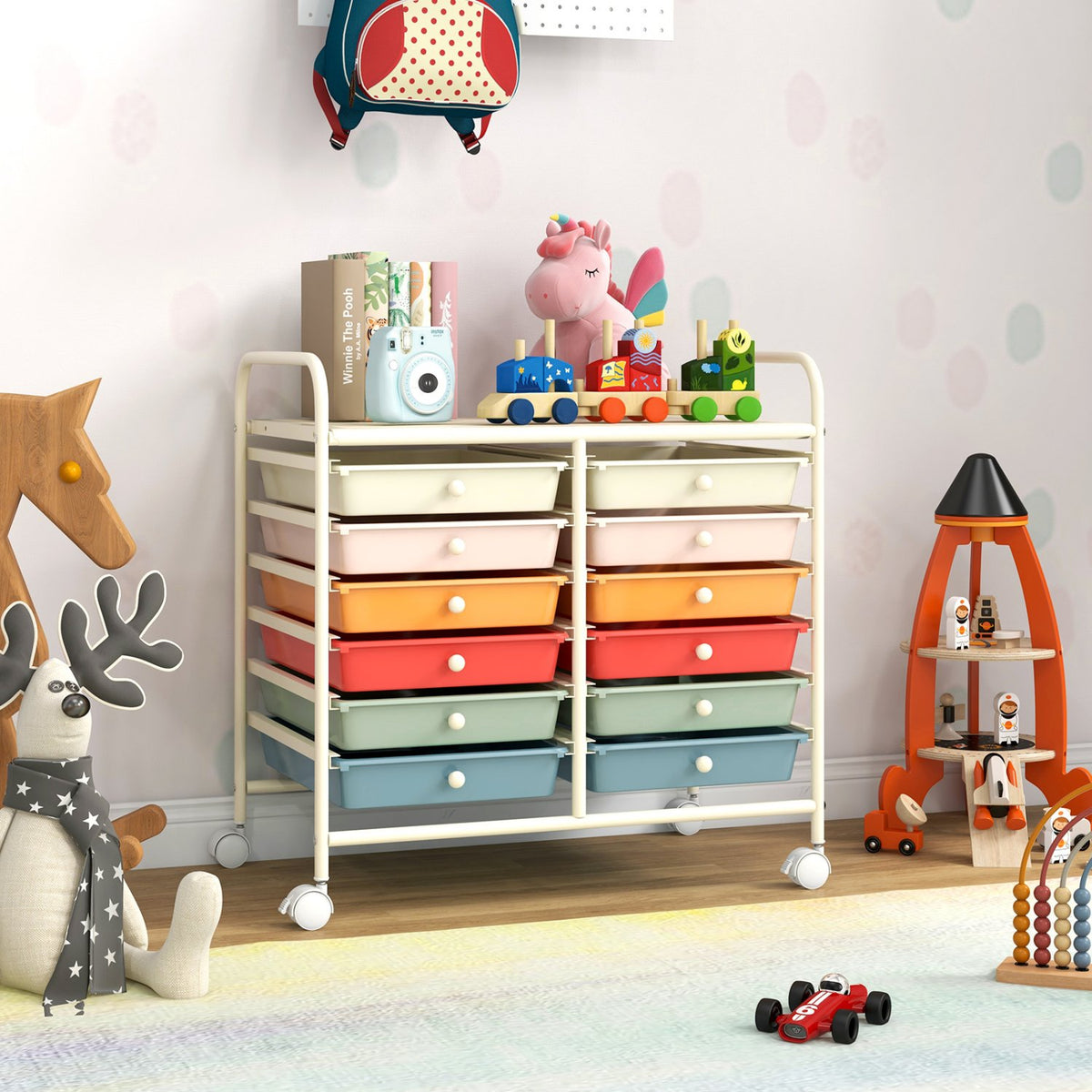 12 Drawers Rolling Storage Cart for Home and Office-Macaron view 2