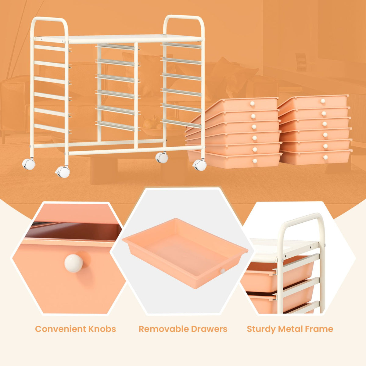 12 Drawers Rolling Storage Cart for Home and Office-Peach view 8