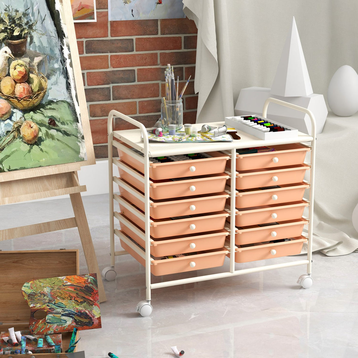 12 Drawers Rolling Storage Cart for Home and Office-Peach view 9