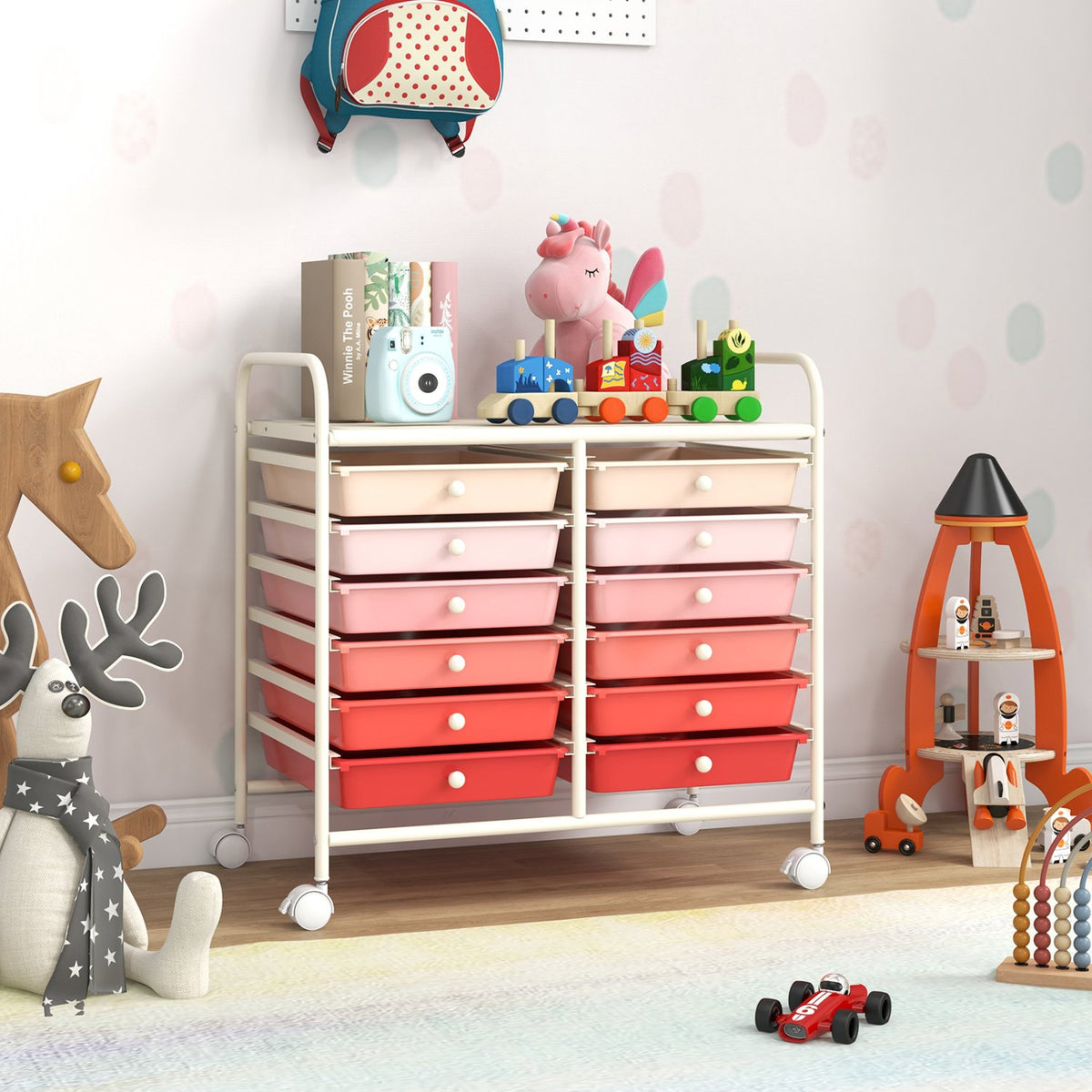 12 Drawers Rolling Storage Cart for Home and Office-Pink view 2