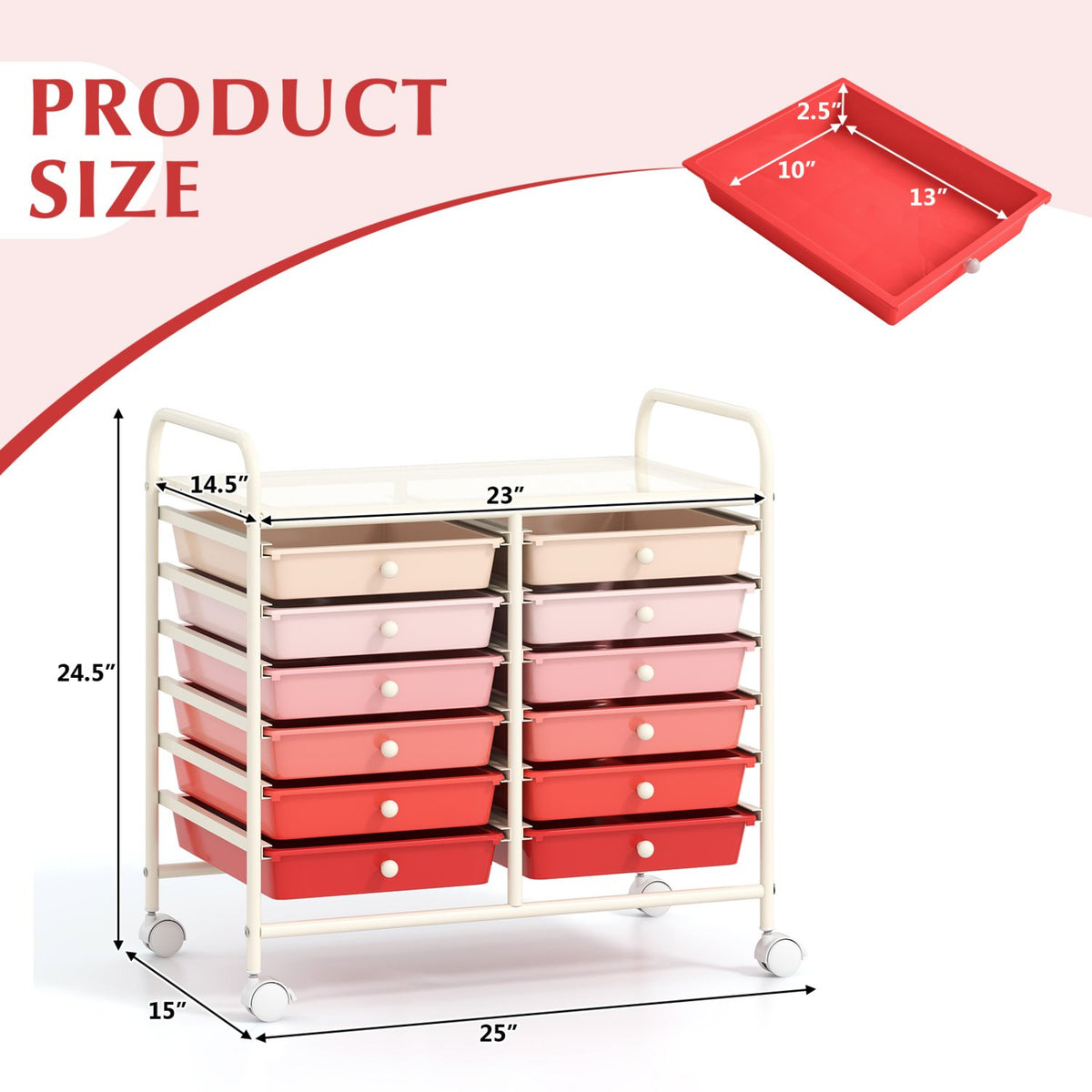 12 Drawers Rolling Storage Cart for Home and Office-Pink view 5