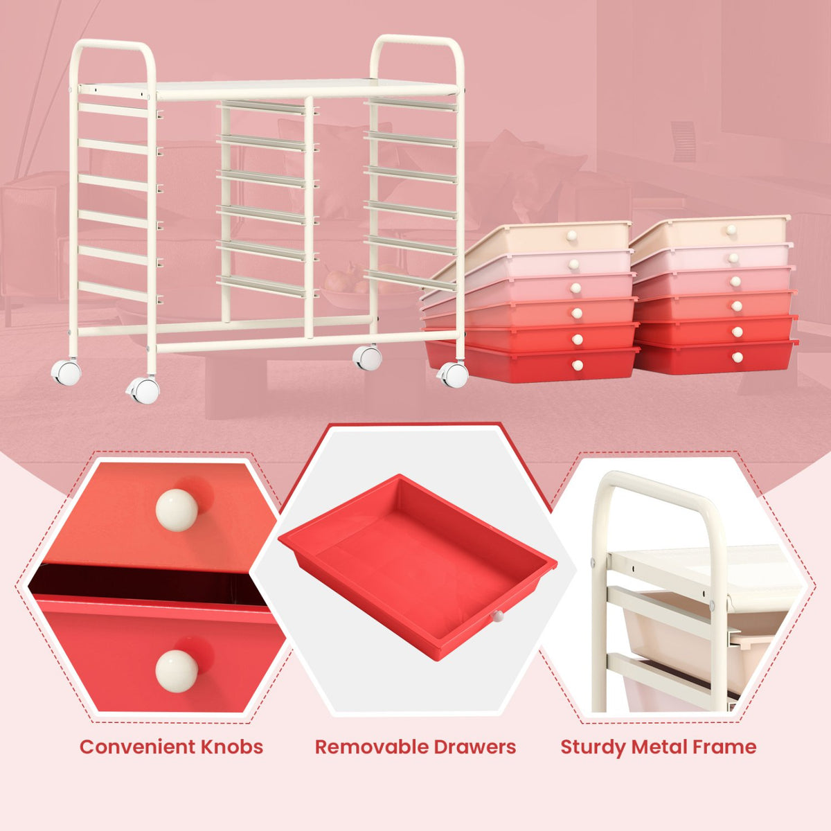 12 Drawers Rolling Storage Cart for Home and Office-Pink view 8