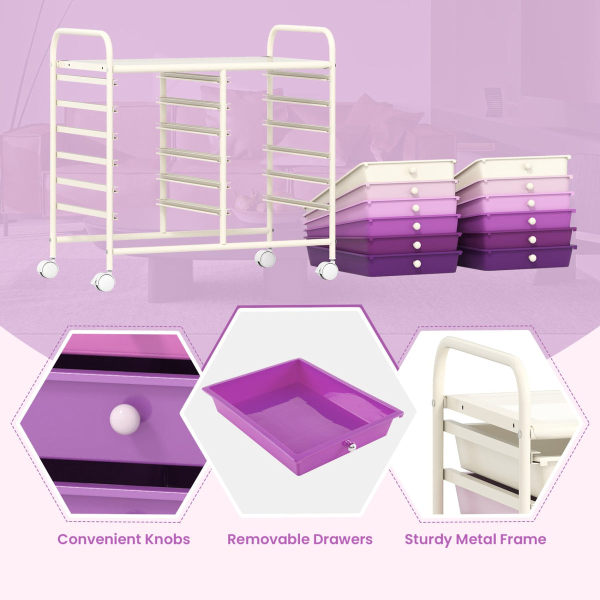 12 Drawers Rolling Storage Cart for Home and Office-Purple view 8
