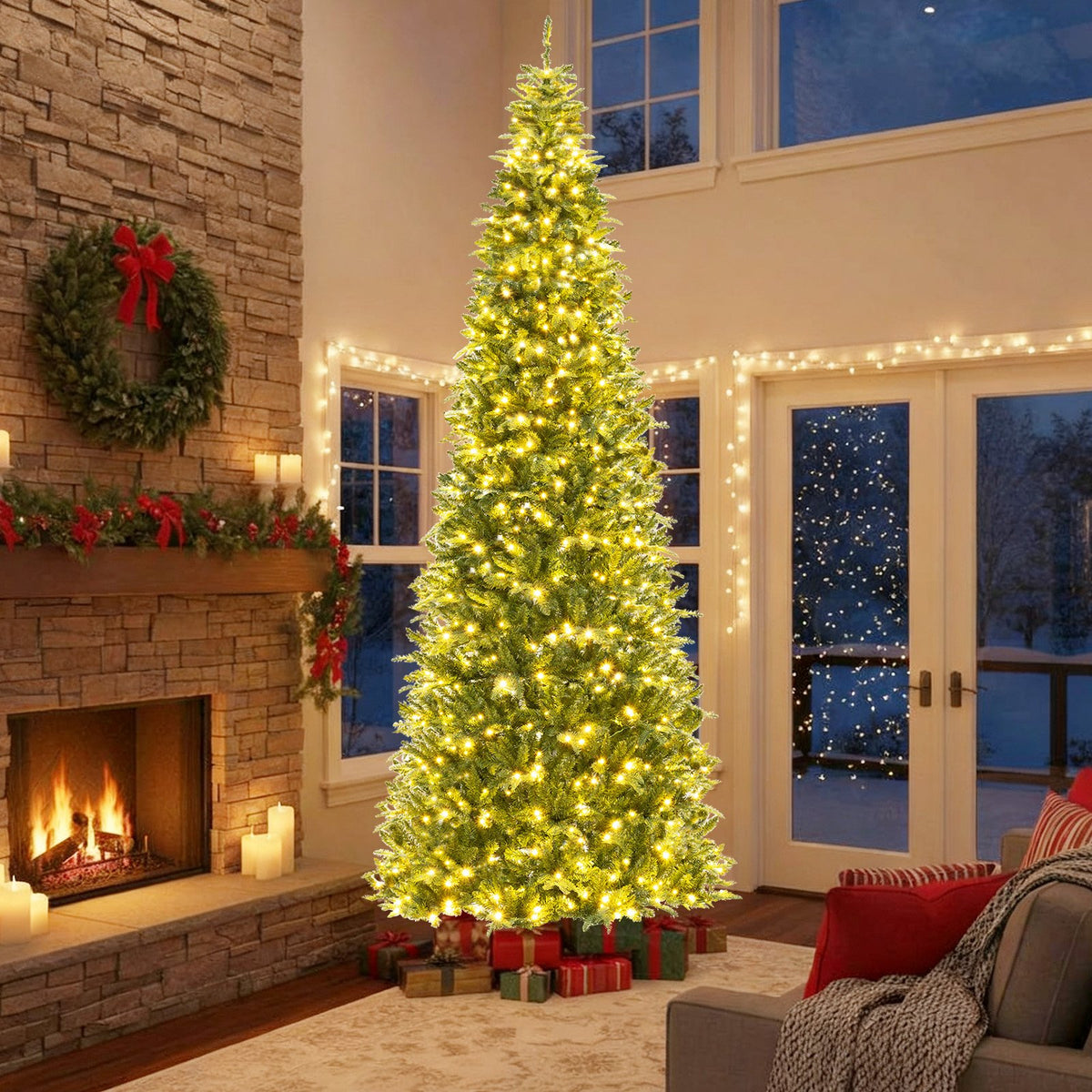 12 Feet Tall Prelit Hinged Artificial Christmas Tree with 2517 PVC PE Branch Tips view 2