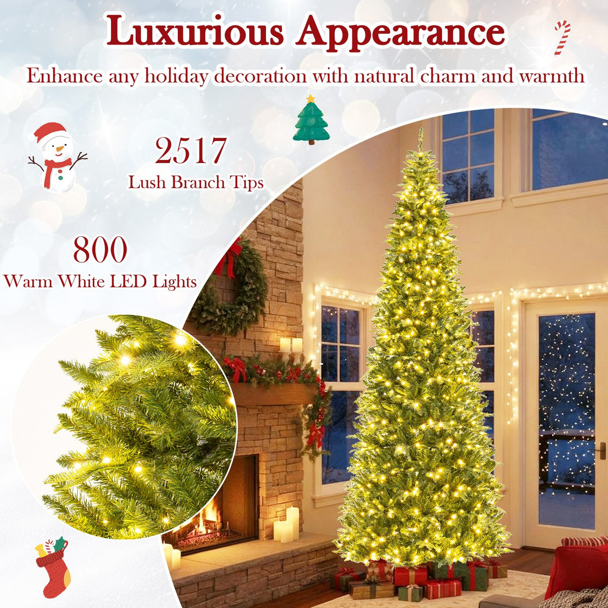 12 Feet Tall Prelit Hinged Artificial Christmas Tree with 2517 PVC PE Branch Tips view 7