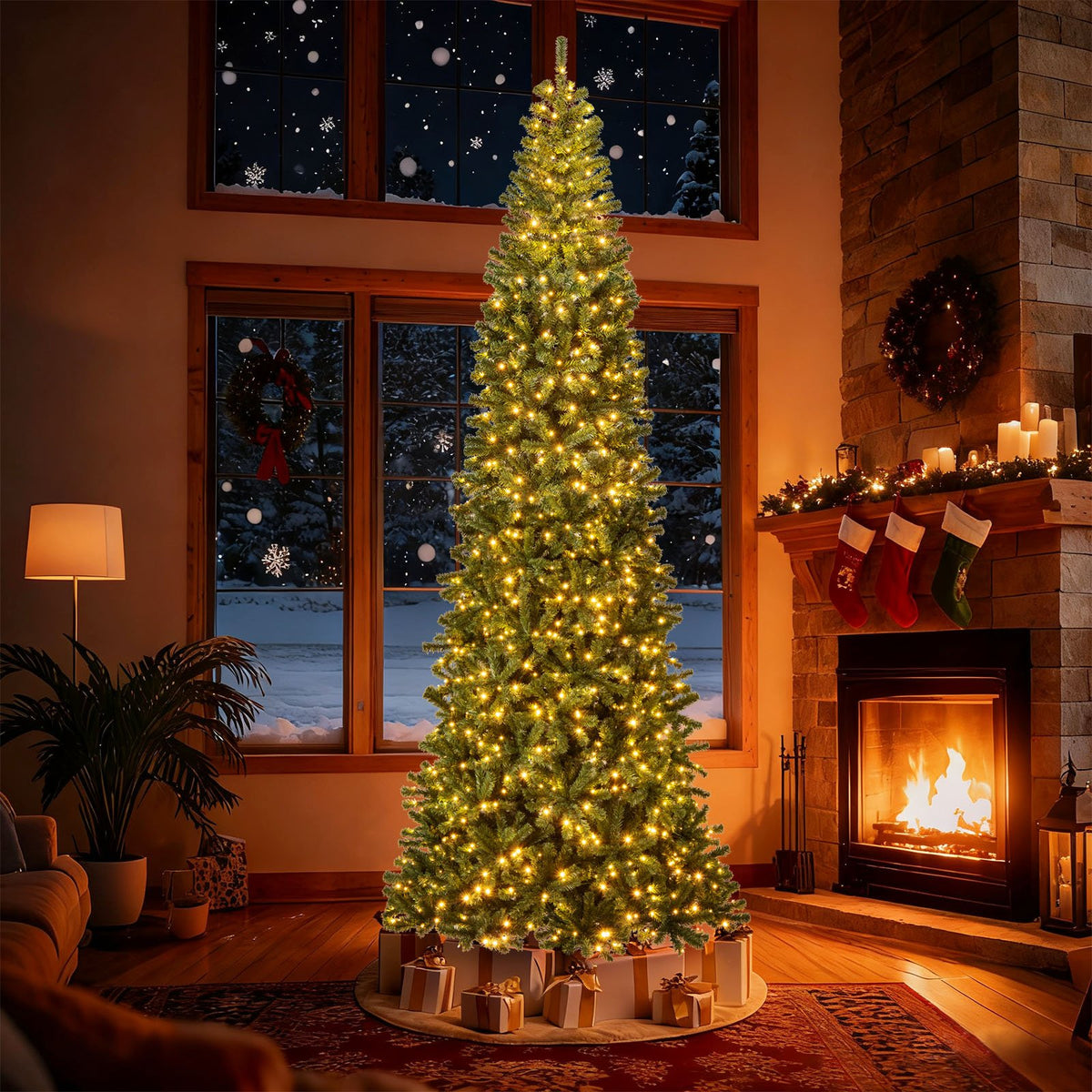 12 FT Tall Prelit Hinged Artificial Christmas Tree with 2536 PVC Branch Tips view 2