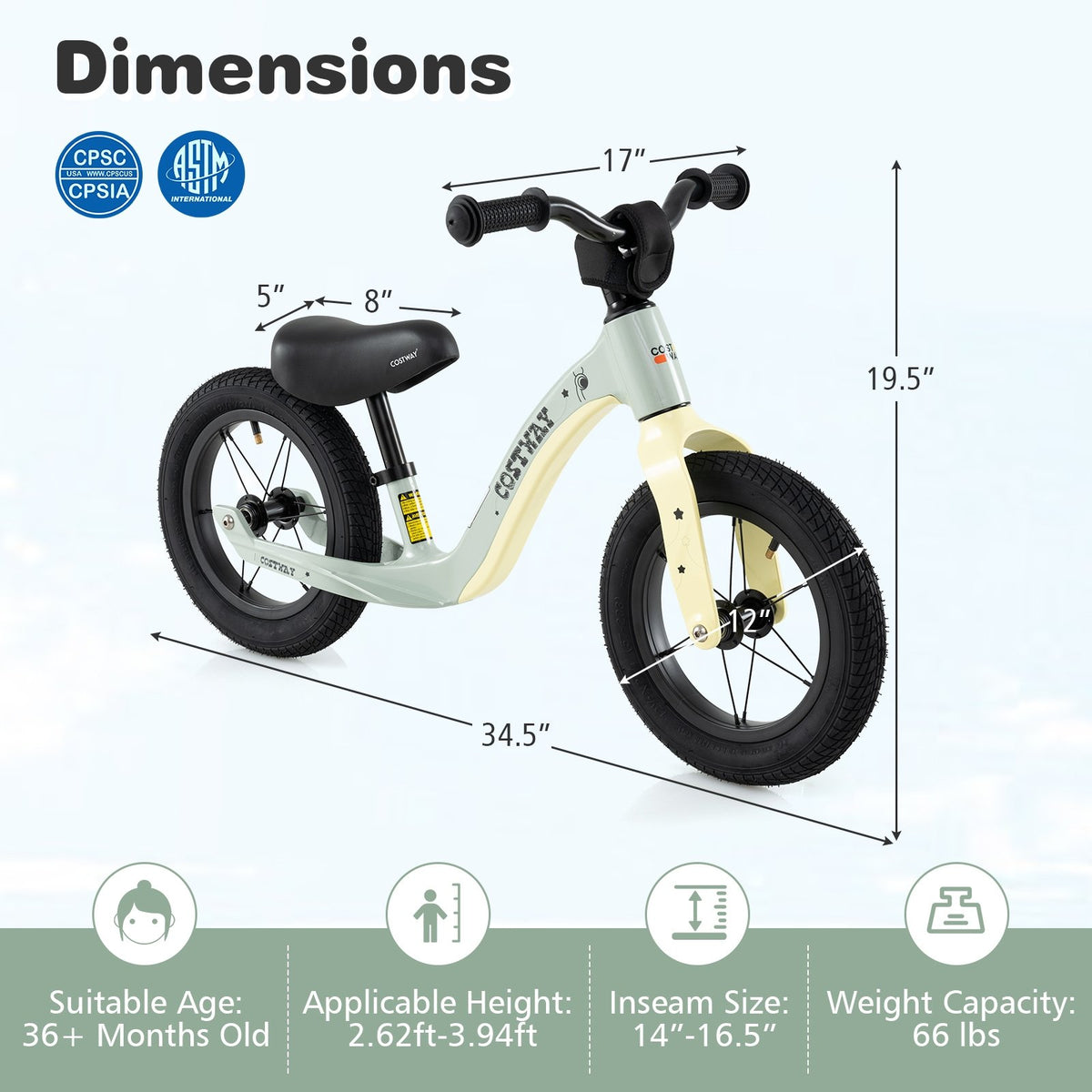 12-Inch Balance Bike with Adjustable Seat and Rotatable Handlebar for Over 36 Months Old-Green view 4