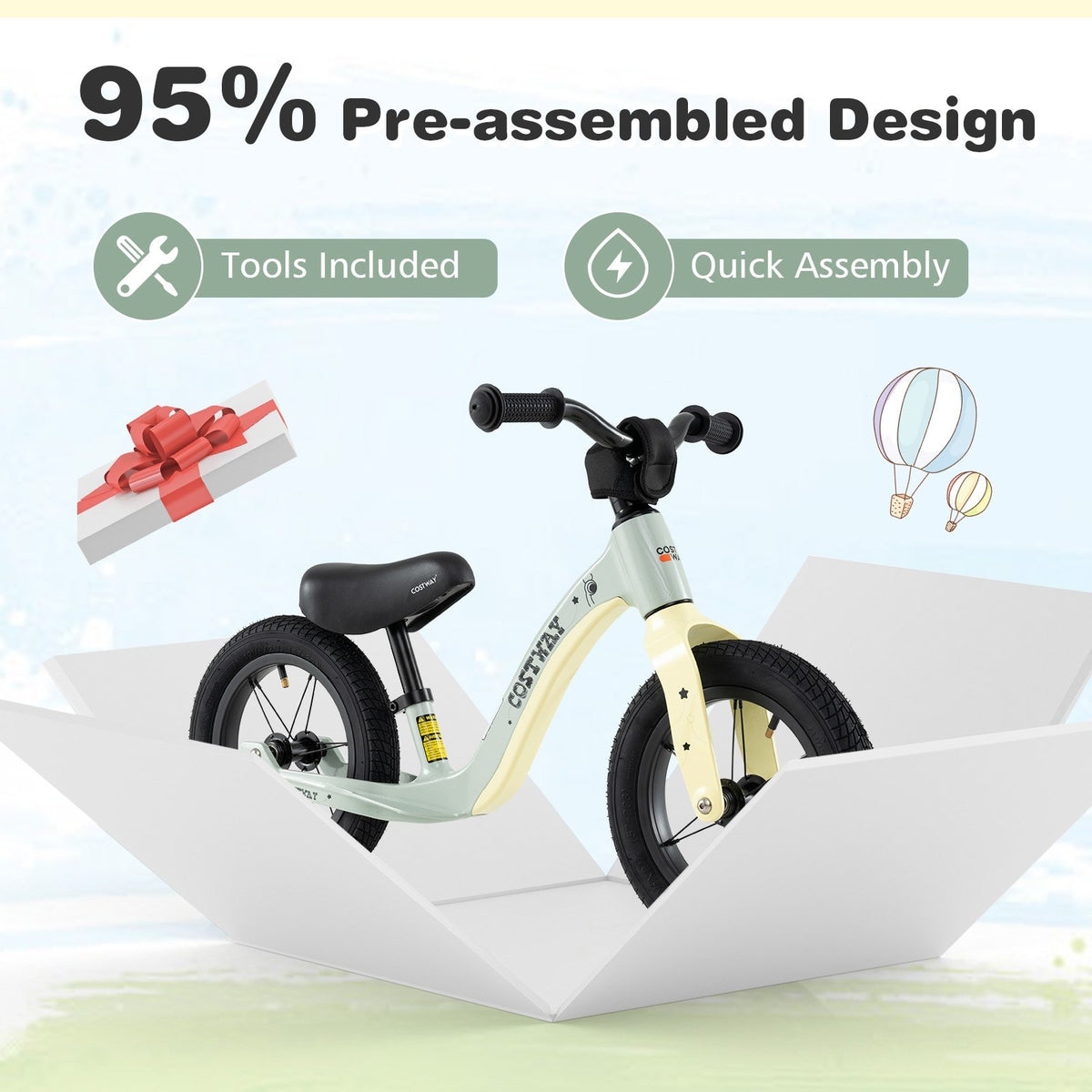 12-Inch Balance Bike with Adjustable Seat and Rotatable Handlebar for Over 36 Months Old-Green view 9