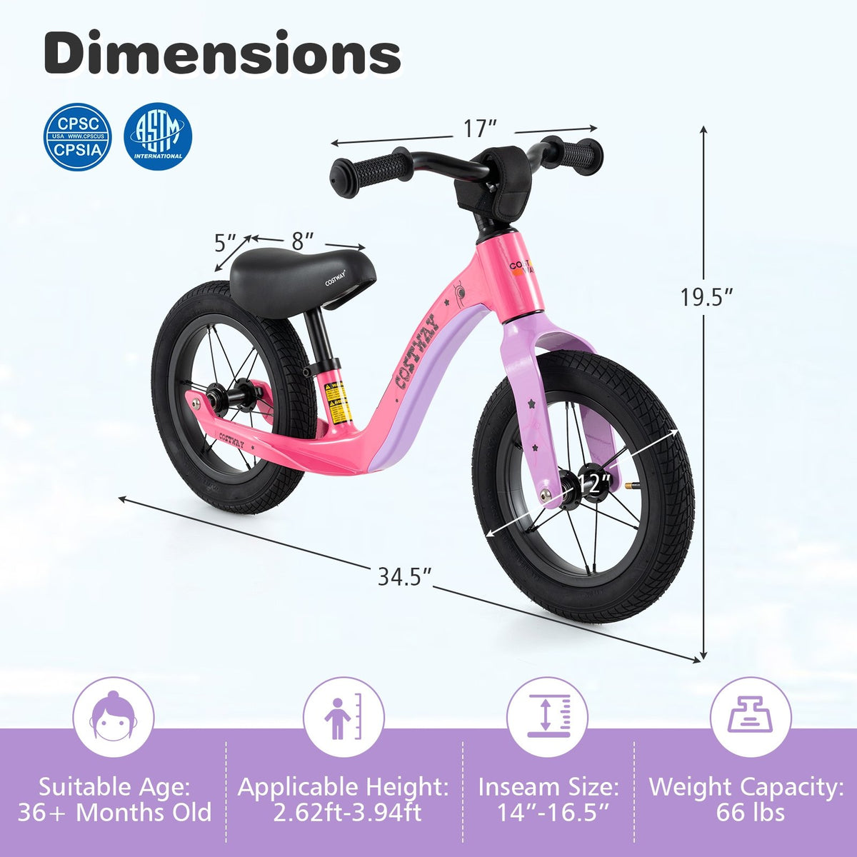 12-Inch Balance Bike with Adjustable Seat and Rotatable Handlebar for Over 36 Months Old-Pink view 4