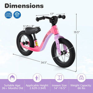 12-Inch Balance Bike with Adjustable Seat and Rotatable Handlebar for Over 36 Months Old-Pink view 4