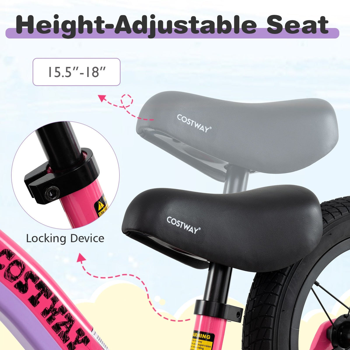 12-Inch Balance Bike with Adjustable Seat and Rotatable Handlebar for Over 36 Months Old-Pink view 7