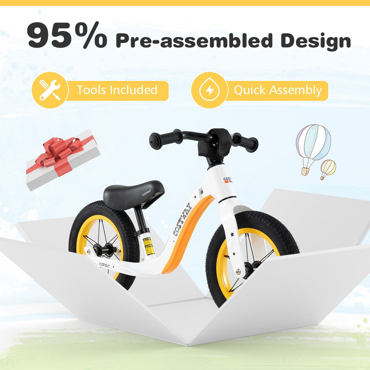 12-Inch Balance Bike with Adjustable Seat and Rotatable Handlebar for Over 36 Months Old-White view 6