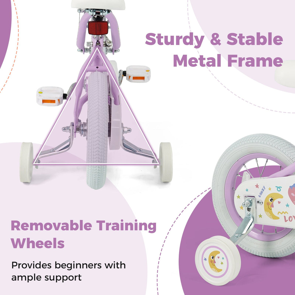 12 Inch Kids Bike Adjustable for 3-8 Years Old Children Purple - Stars & Moon view 8