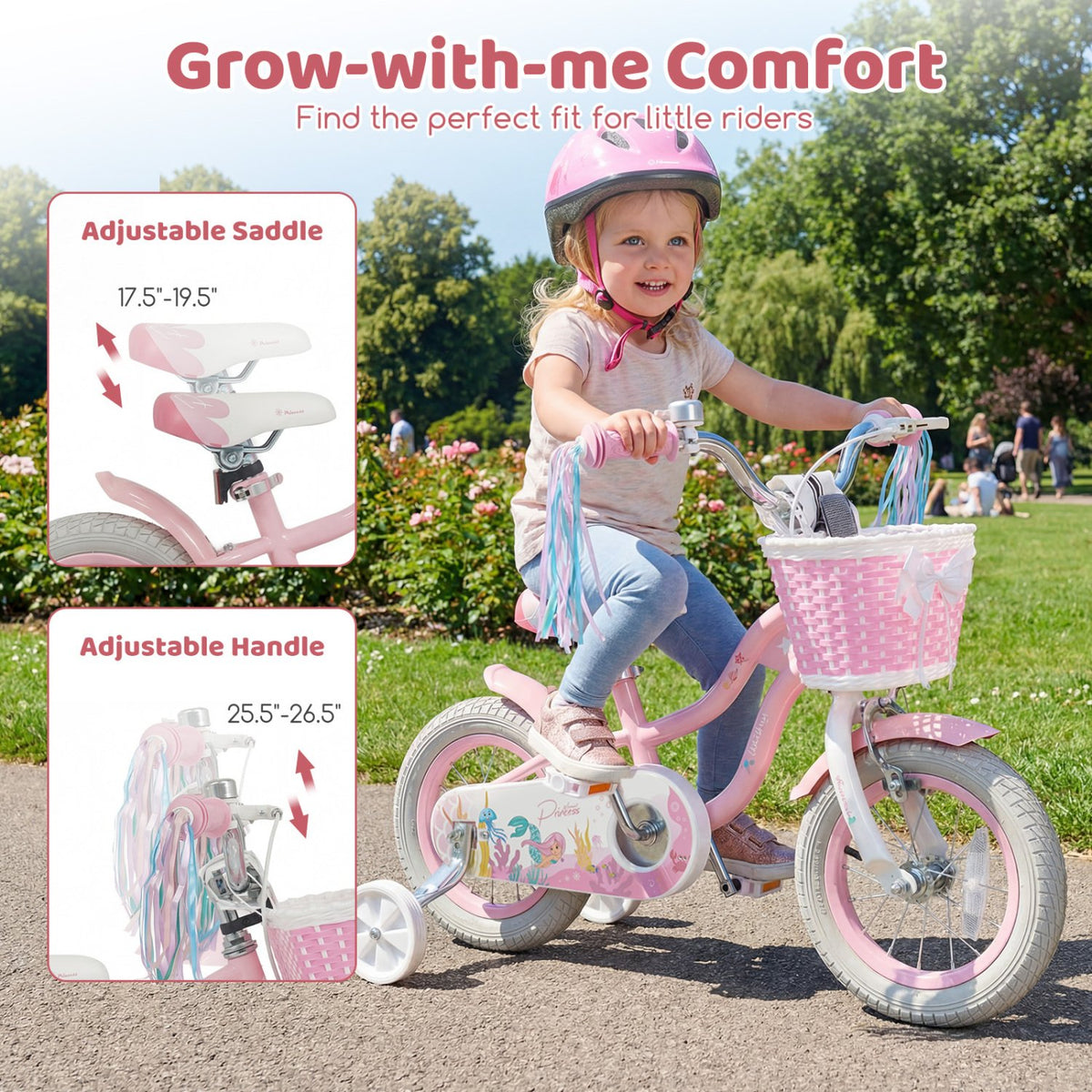 12 Inch Kids Bike Adjustable with Basket and Streamers for Girls Aged 3-4 Years Old Pink view 5