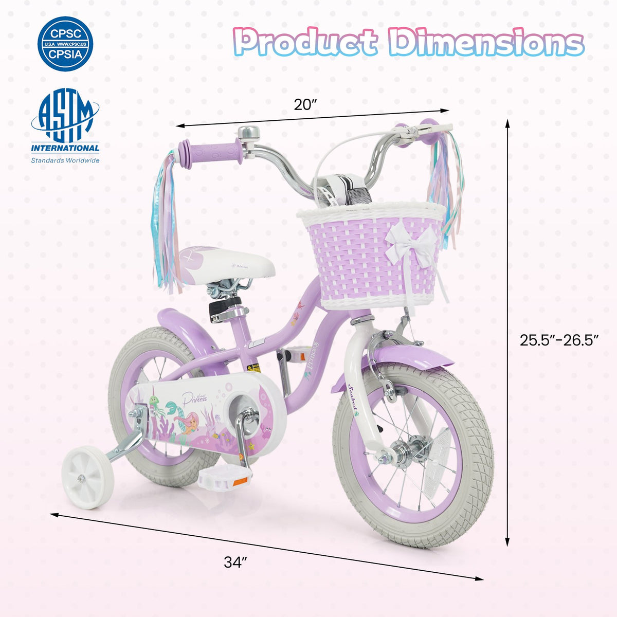 12 Inch Kids Bike Adjustable with Basket and Streamers Purple - Princess of the Sea Theme view 3
