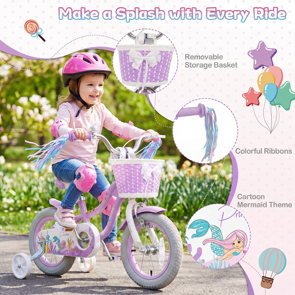 12 Inch Kids Bike Adjustable with Basket and Streamers Purple - Princess of the Sea Theme view 5