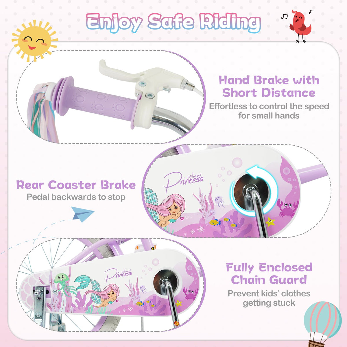 12 Inch Kids Bike Adjustable with Basket and Streamers Purple - Princess of the Sea Theme view 7