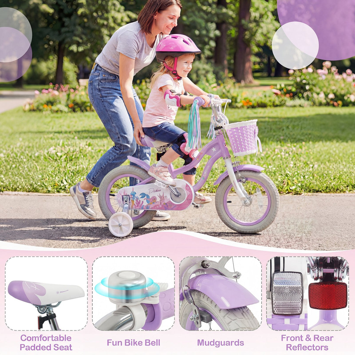 12 Inch Kids Bike Adjustable with Basket and Streamers Purple - Princess of the Sea Theme view 9