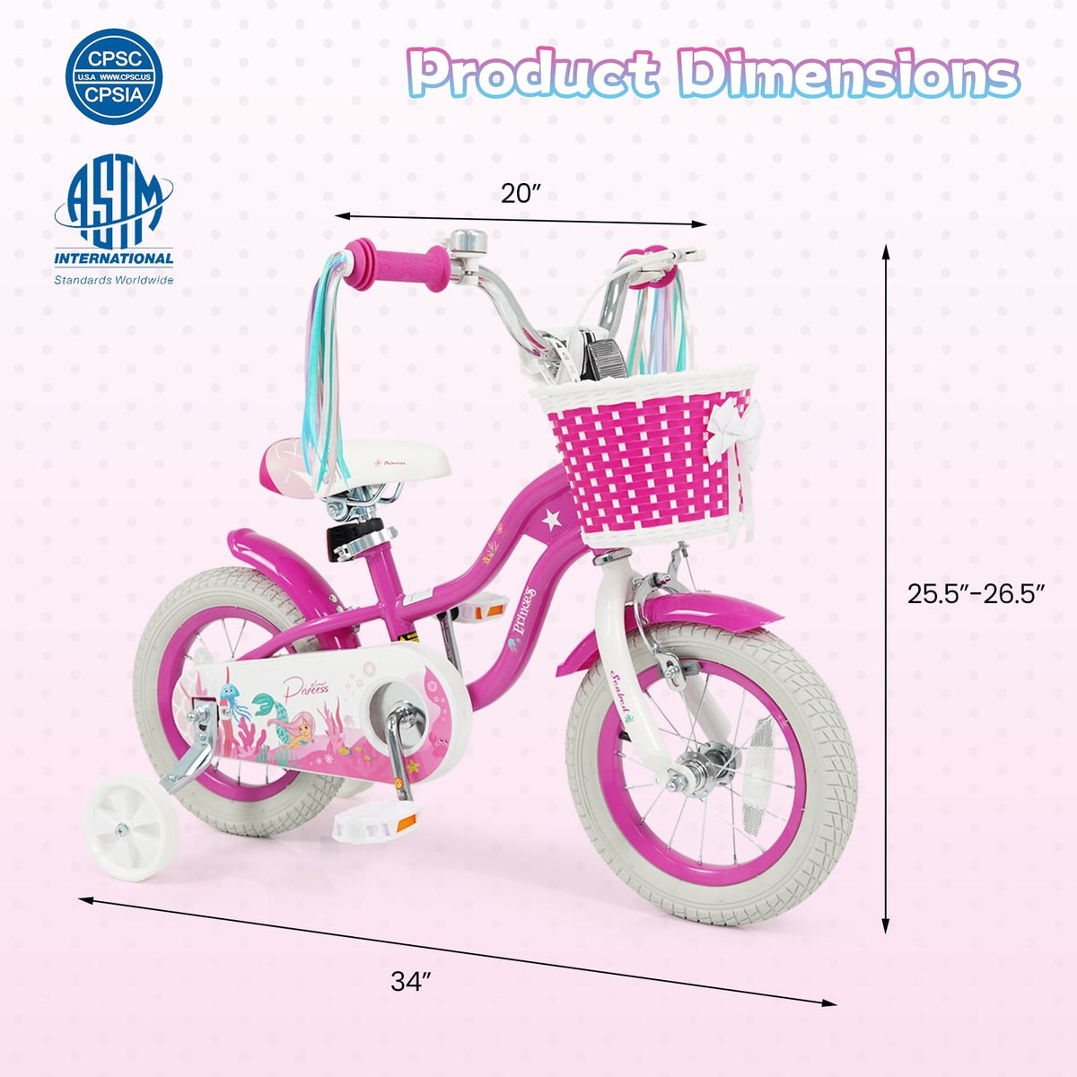 12-Inch Kids Bike Adjustable with Basket and Streamers Rose Red - Princess of the Sea Theme view 4