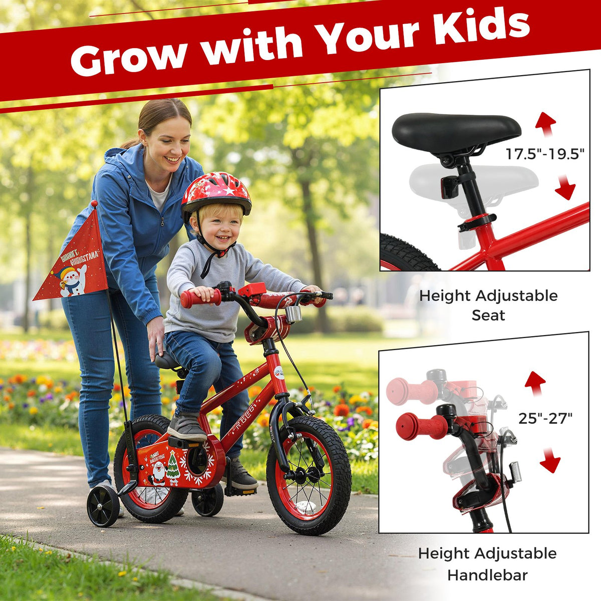12 Inch Kids Bike Adjustable with Christmas Music & Flag for Aged 3-5 Years Old view 4