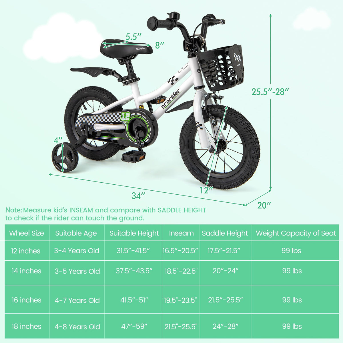 12 Inch Kids Bike Children Bicycle with Training Wheels for 3-4 Years Old-White view 4