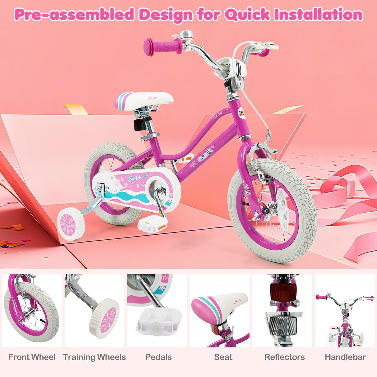 12 Inch Kids Bike for Aged 3-8 Years Old with Adjustable Handlebar Pink- Starlight Wave view 9