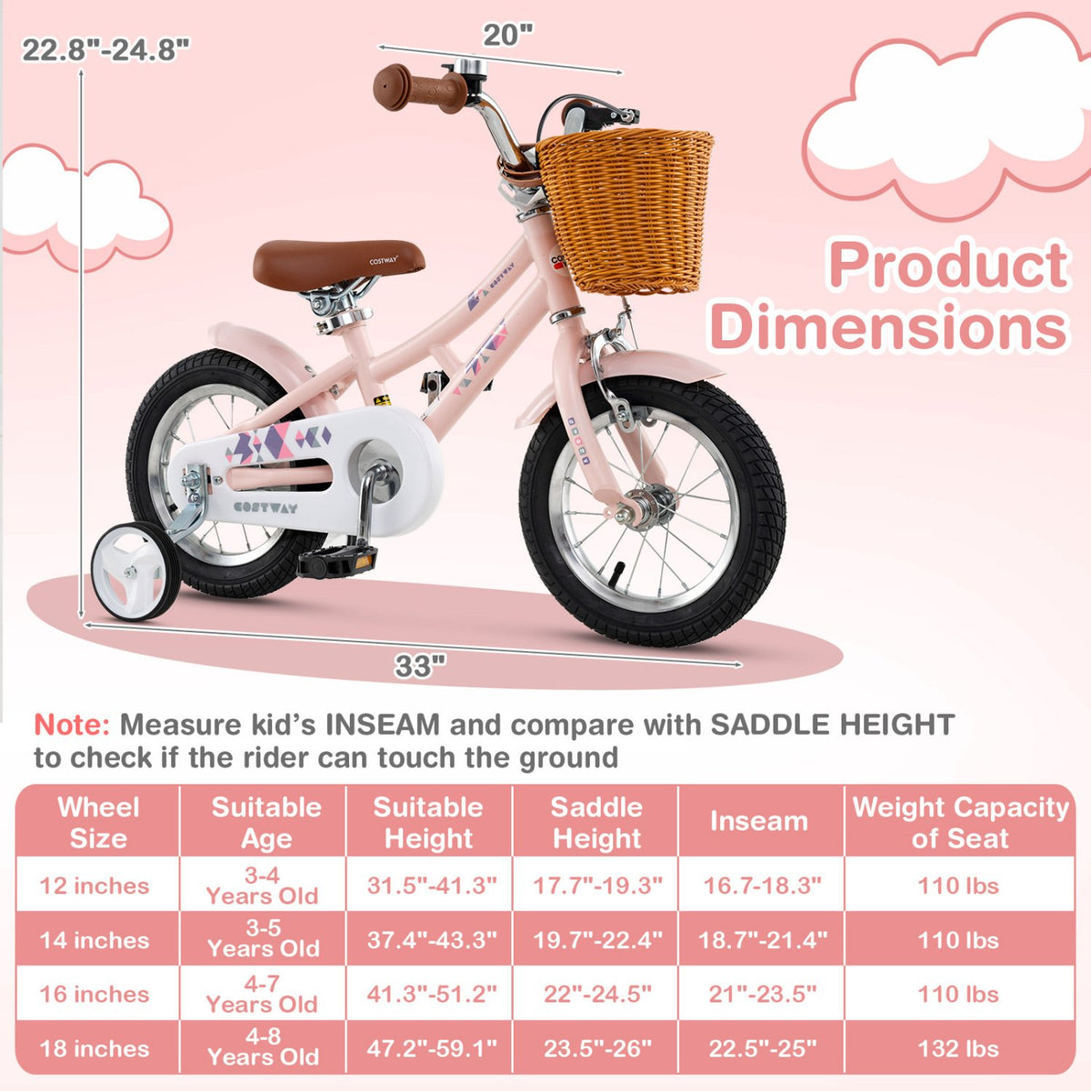 12 Inch Kids Bike Retro Bicycle with Adjustable Height and Basket for Ages 3-8 Years Old view 4