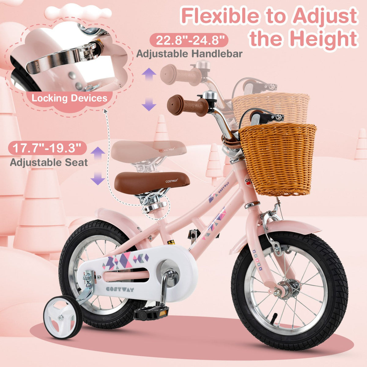 12 Inch Kids Bike Retro Bicycle with Adjustable Height and Basket for Ages 3-8 Years Old view 5