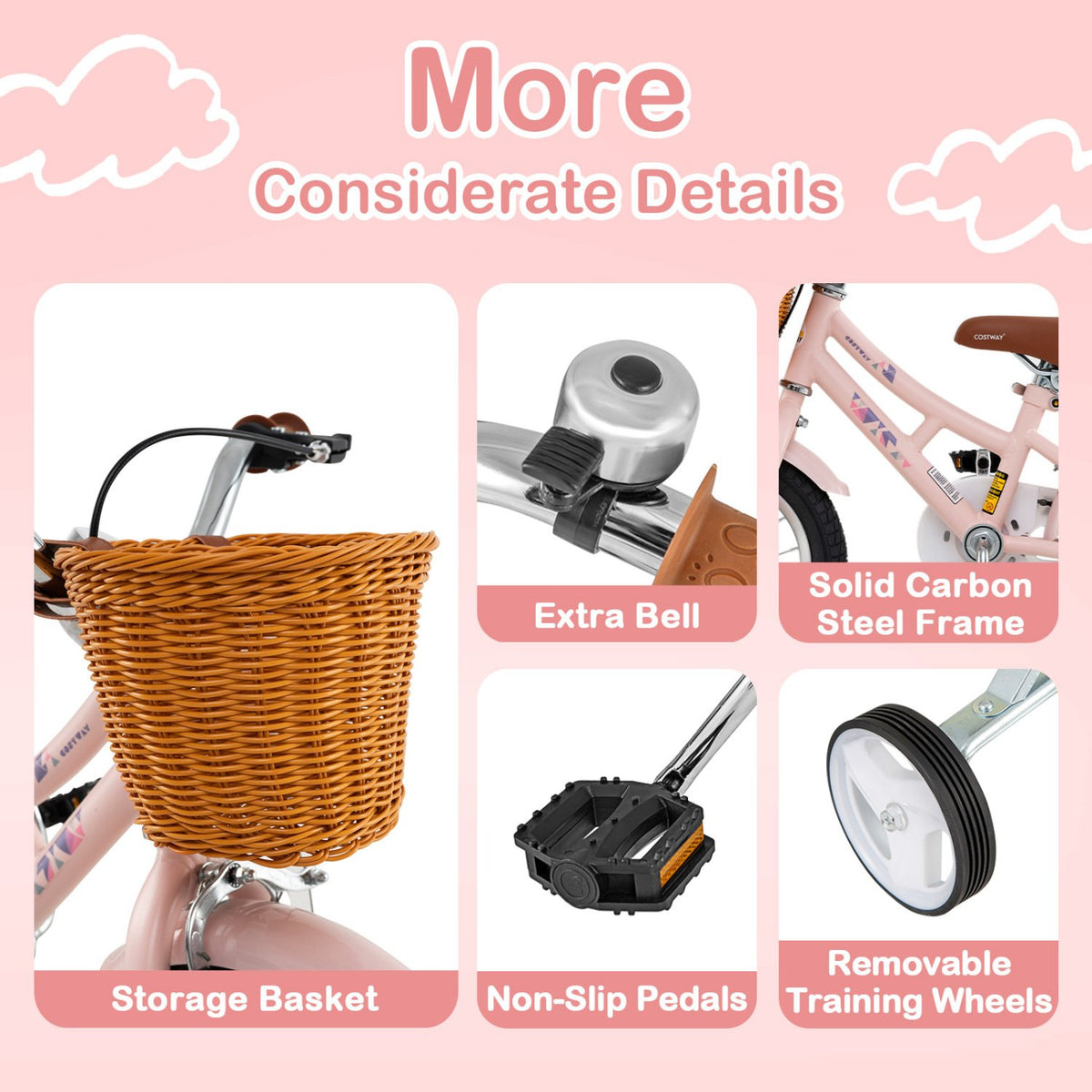 12 Inch Kids Bike Retro Bicycle with Adjustable Height and Basket for Ages 3-8 Years Old view 9