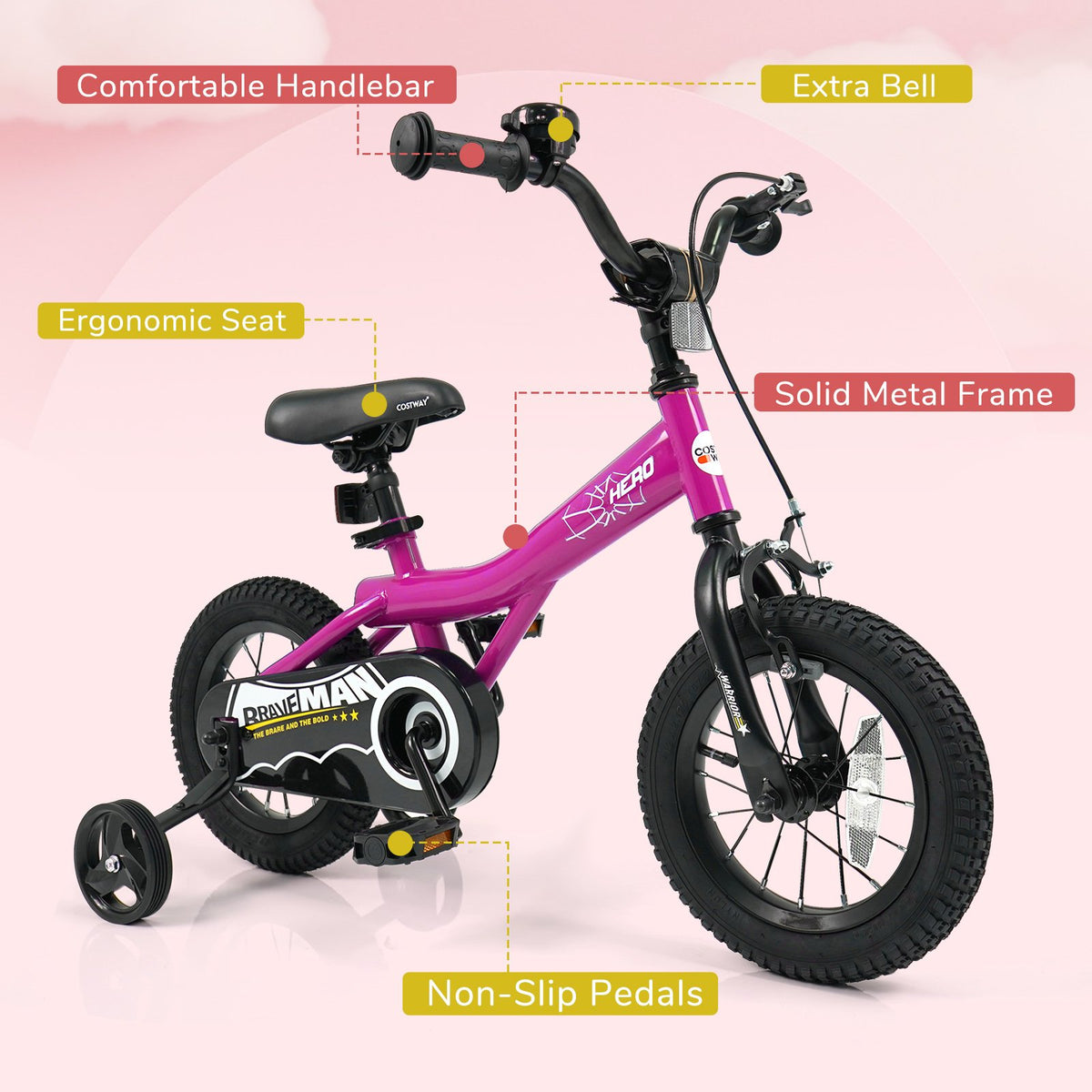 12-Inch Kids Bike with Removable Training Wheels Pink-Brave Hero view 5
