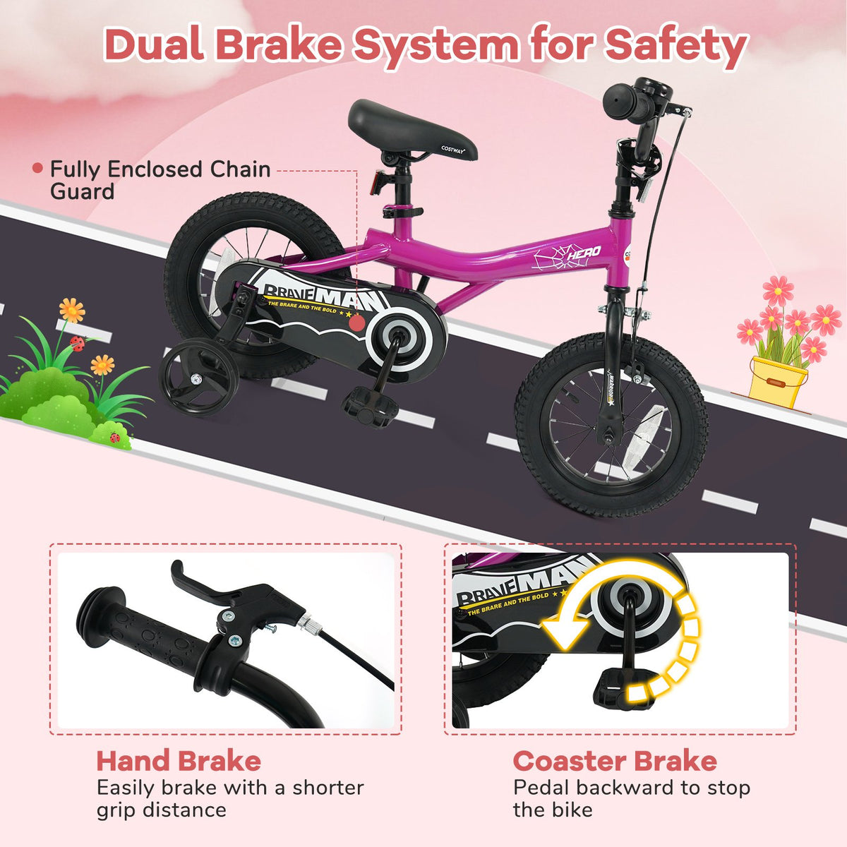 12-Inch Kids Bike with Removable Training Wheels Pink-Brave Hero view 8