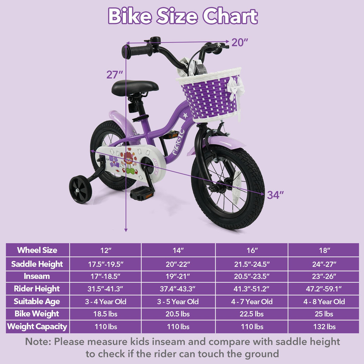 12 Inch Kids Bike with Training Wheels for Aged 3-4 Years Old - Magic Purple view 4