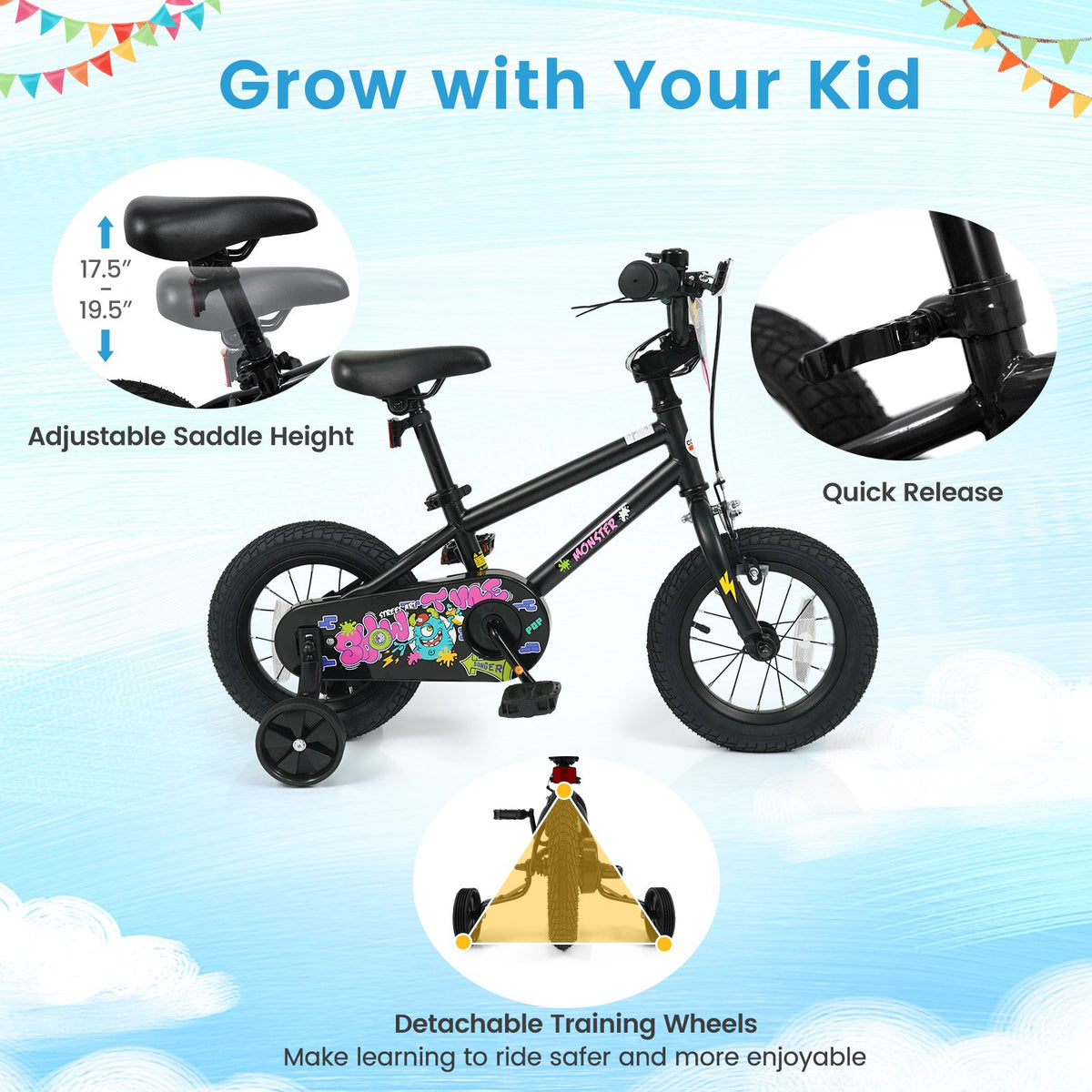 12 Inch Kids Bike with Training Wheels for Ages 3-4 Years Old Black- Street Art Time view 6