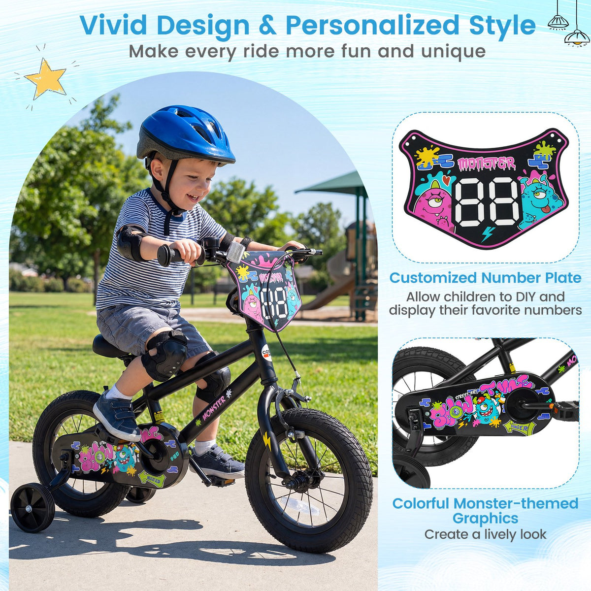 12 Inch Kids Bike with Training Wheels for Ages 3-4 Years Old Black- Street Art Time view 8