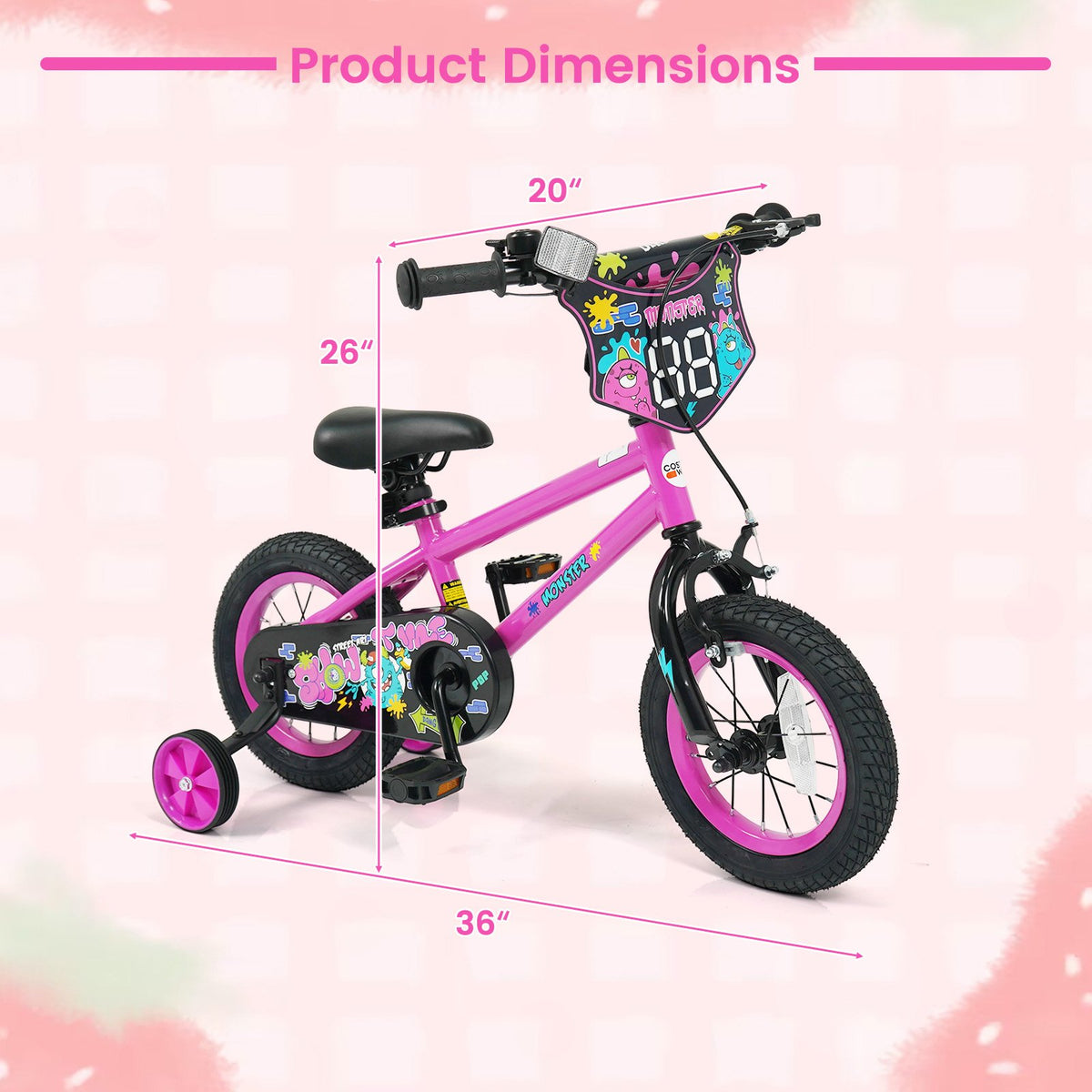 12 Inch Kids Bike with Training Wheels for Ages 3-4 Years Old Pink- Street Art Time view 4