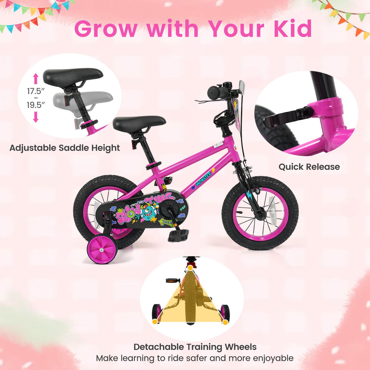 12 Inch Kids Bike with Training Wheels for Ages 3-4 Years Old Pink- Street Art Time view 6