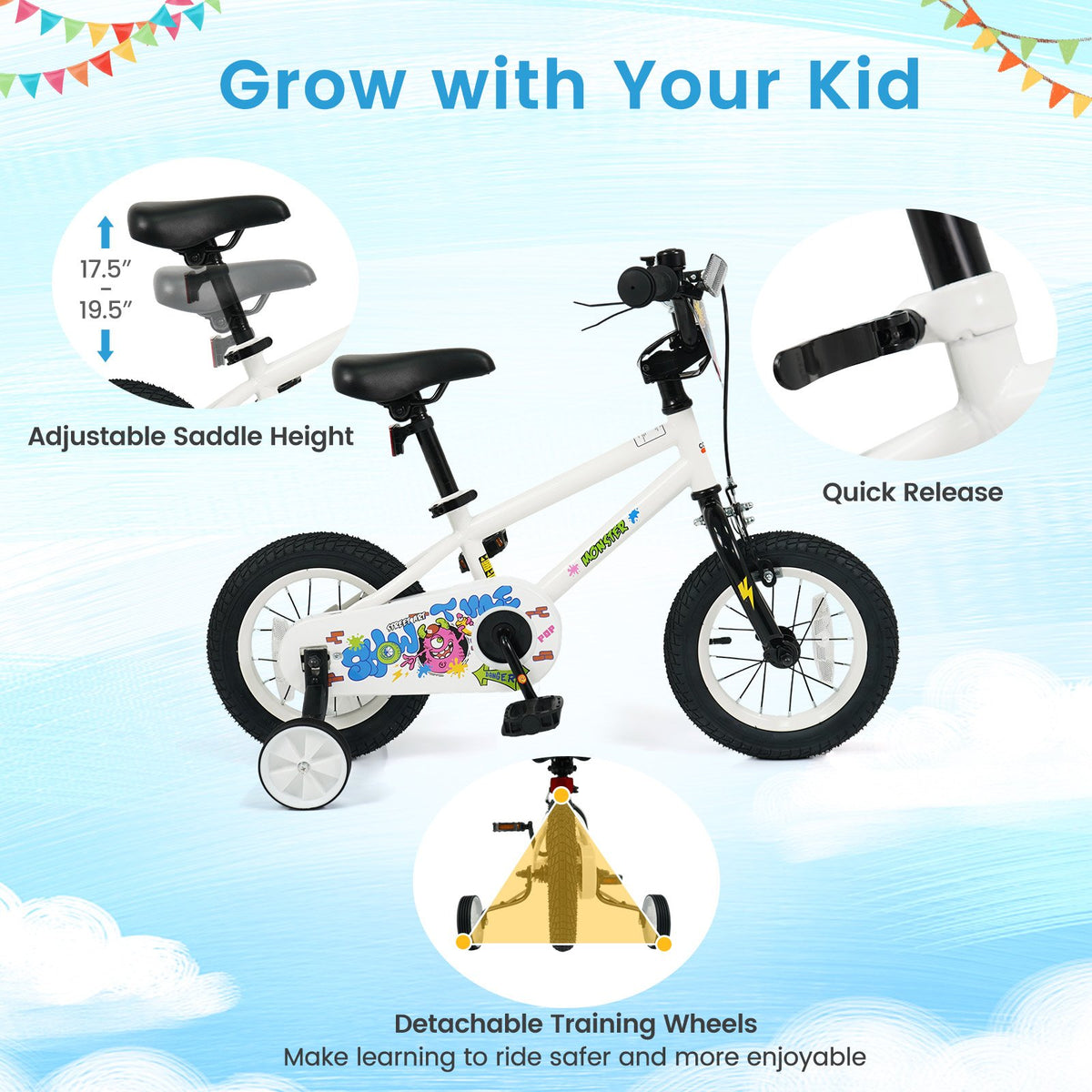 12 Inch Kids Bike with Training Wheels for Ages 3-4 Years Old White- Street Art Time view 6