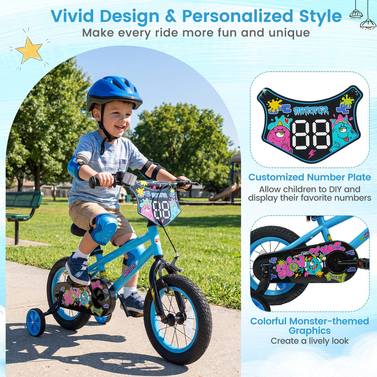 12 Inch Kids Bike with Training Wheels for Ages 3-8 Years Old Blue- Street Art Time view 9