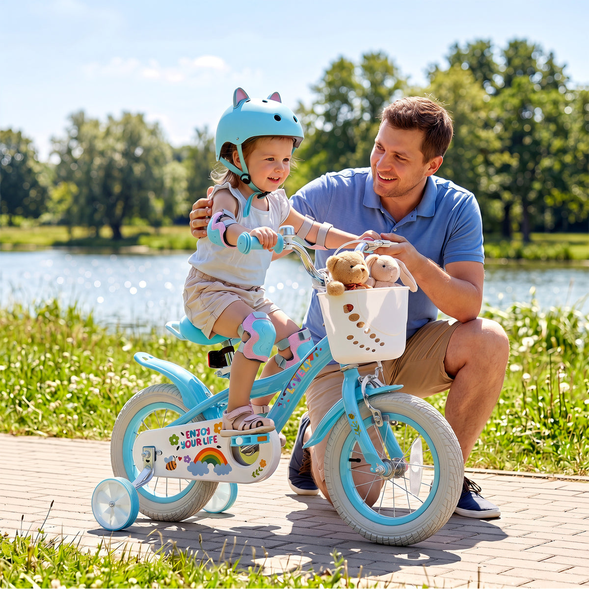 12 Inches Girls Bike for 3-4 Years Old with Training Wheels and Basket - Spring Party, Blue view 2