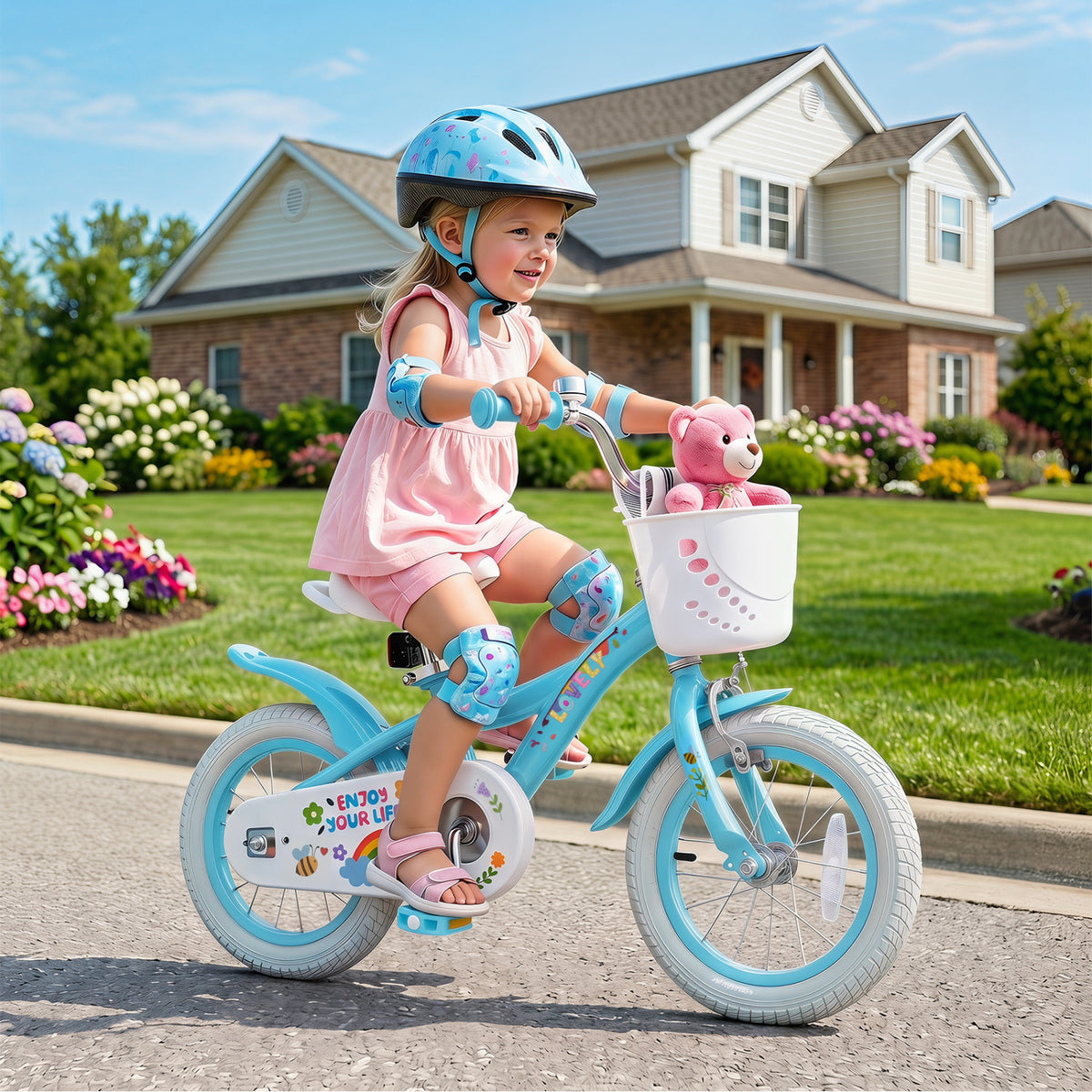 12 Inches Girls Bike for 3-4 Years Old with Training Wheels and Basket - Spring Party, Blue view 3