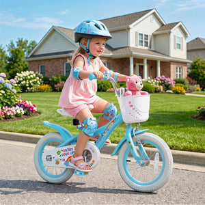 12 Inches Girls Bike for 3-4 Years Old with Training Wheels and Basket - Spring Party, Blue view 3