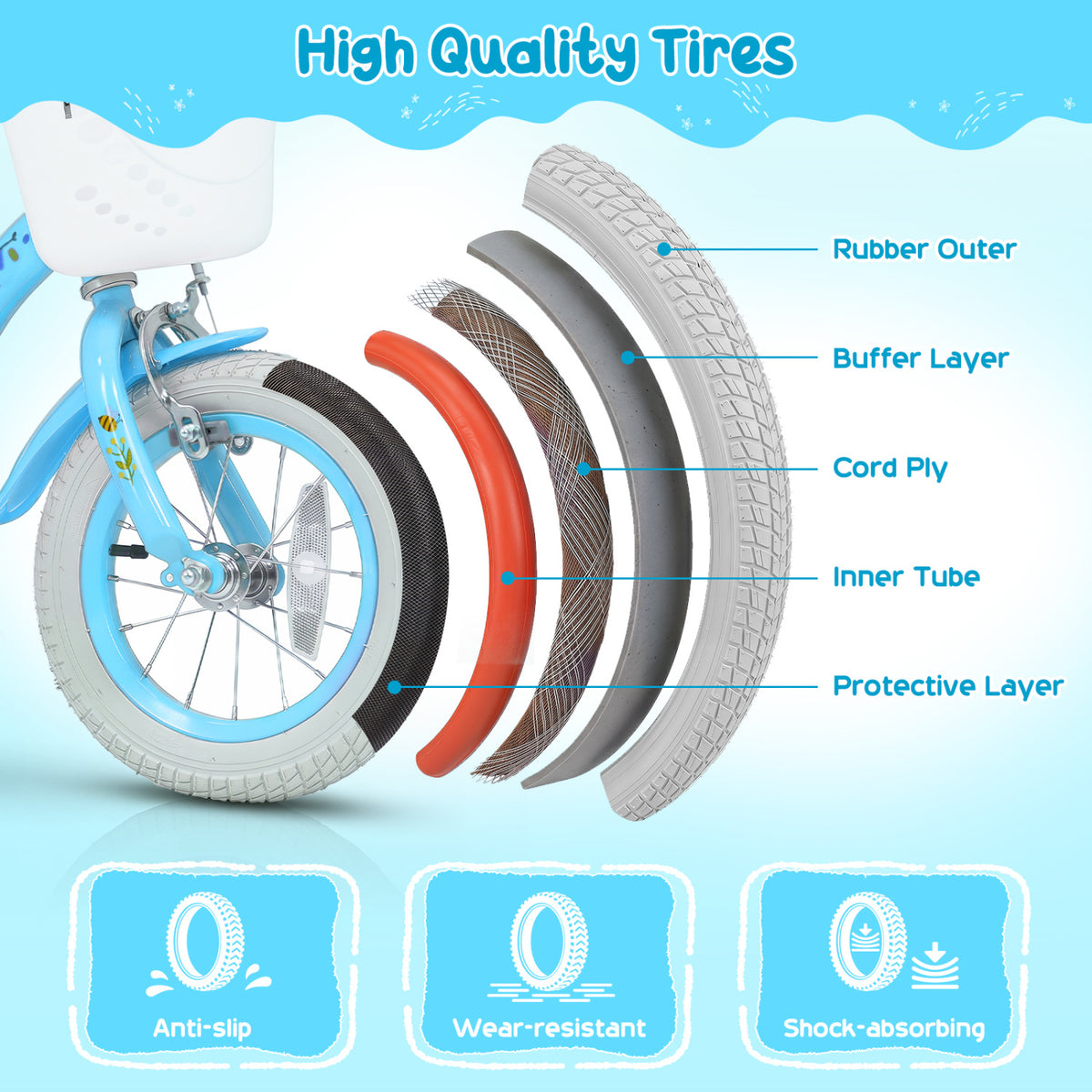 12 Inches Girls Bike for 3-4 Years Old with Training Wheels and Basket - Spring Party, Blue view 9