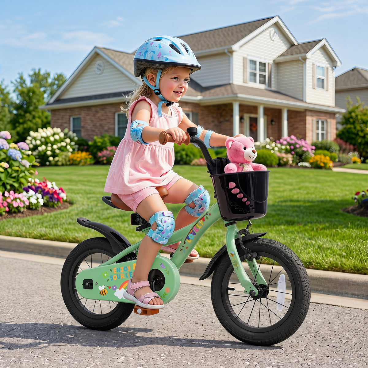 12 Inches Girls Bike for 3-8 Years Old with Basket - Spring Party, Green view 2