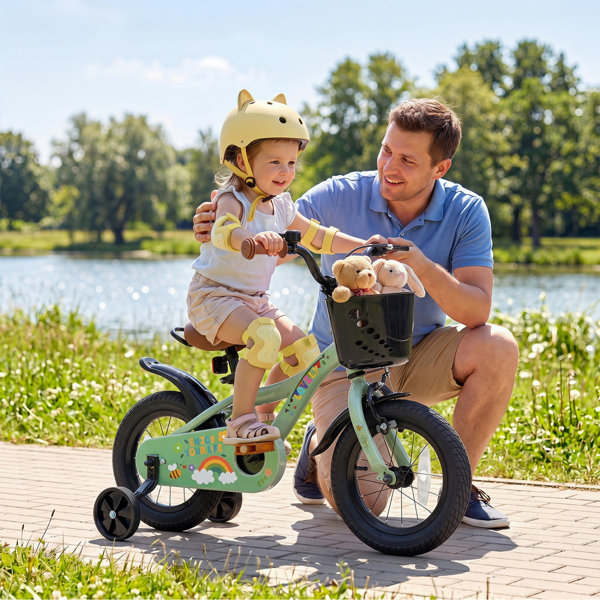 12 Inches Girls Bike for 3-8 Years Old with Basket - Spring Party, Green view 3