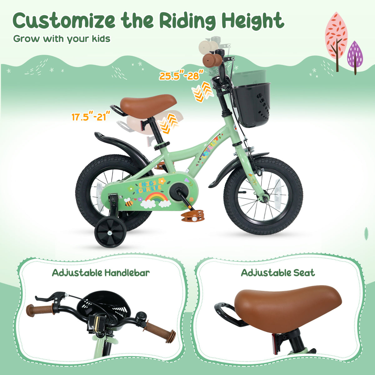 12 Inches Girls Bike for 3-8 Years Old with Basket - Spring Party, Green view 6