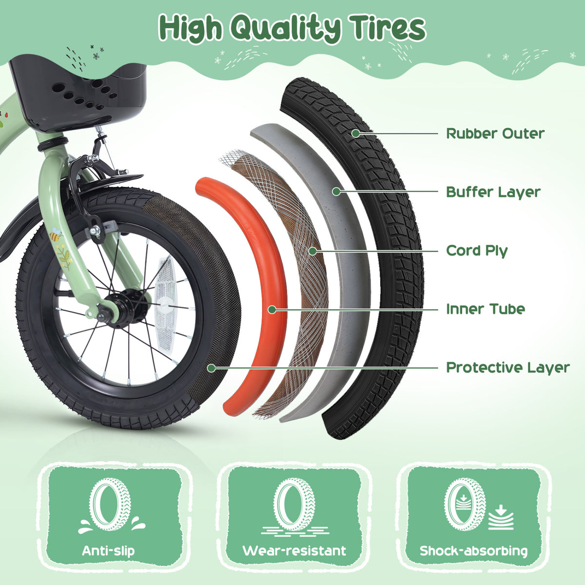 12 Inches Girls Bike for 3-8 Years Old with Basket - Spring Party, Green view 8