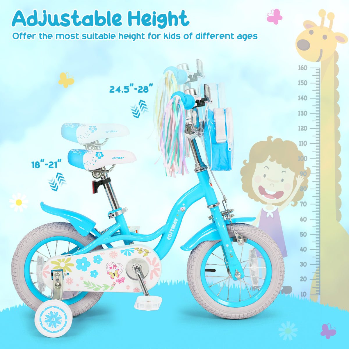 12 Inches Girls Bike with Front Bag and Streamers for 3-4 Years Blue view 6