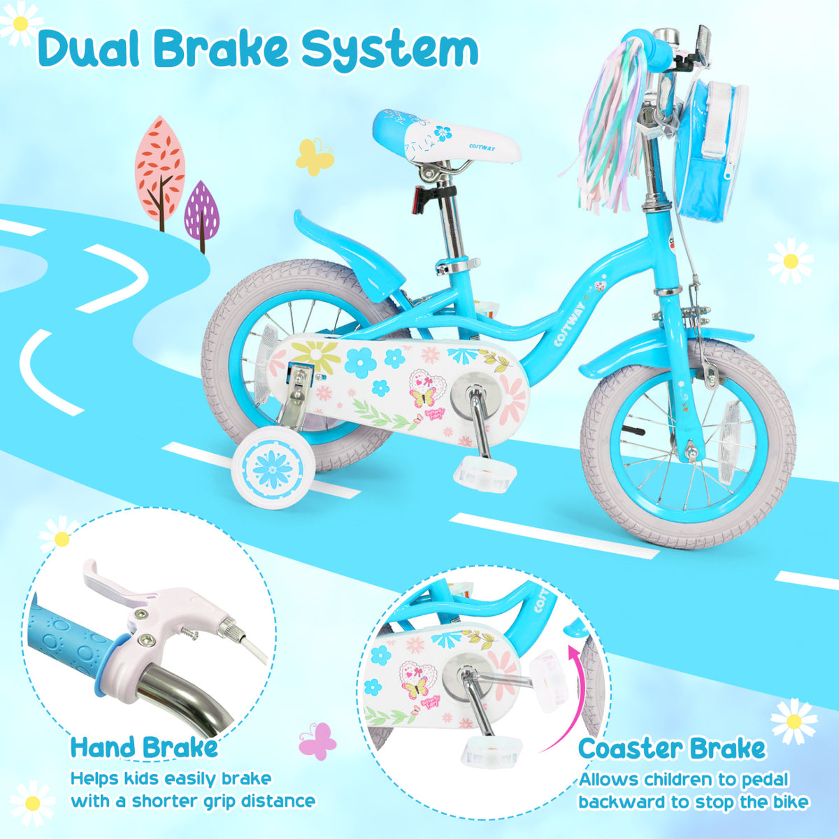 12 Inches Girls Bike with Front Bag and Streamers for 3-4 Years Blue view 7